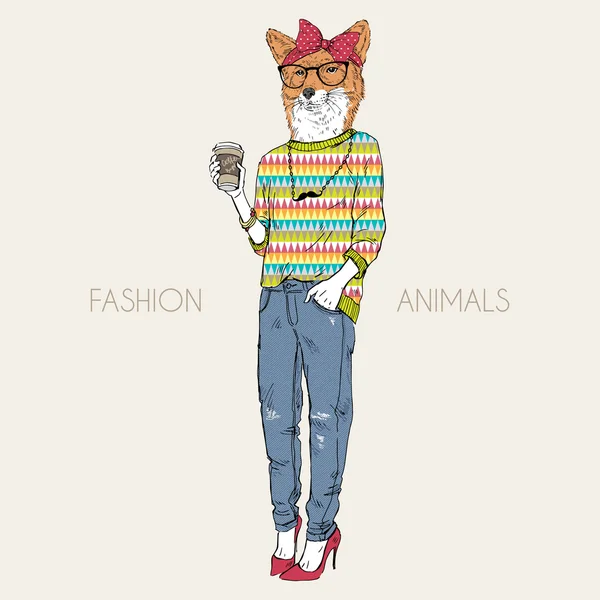 Fox flicka hipster dricka kaffe — Stock vektor