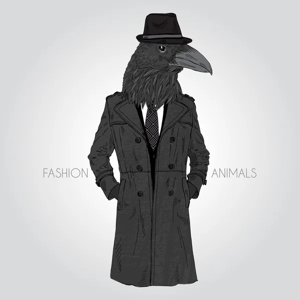 Corbeau noir habillé en manteau noir — Image vectorielle