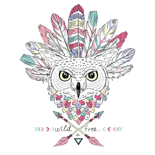 Indian owl in war bonnet, t-shirt — Stock Vector