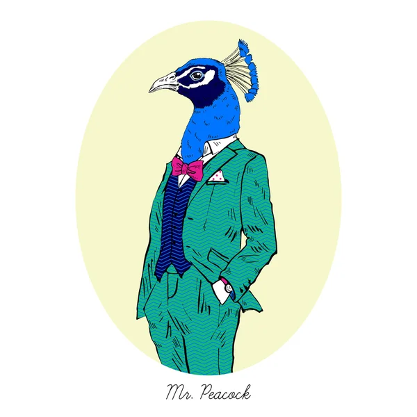 Peacock klädd i färgglada kostym — Stock vektor