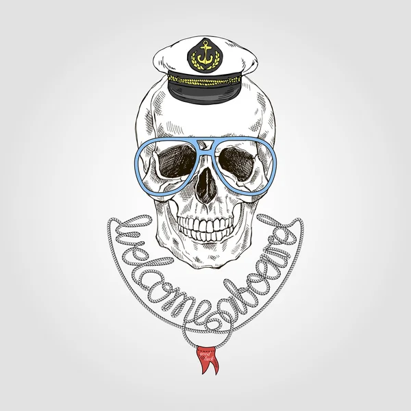 Capitán de barco dibujado a mano scull — Vector de stock