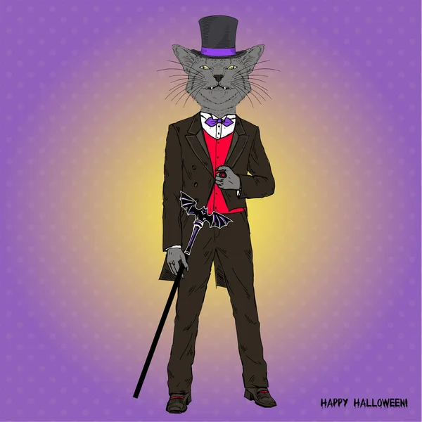 Vampiro gato negro, saludo de Halloween — Vector de stock