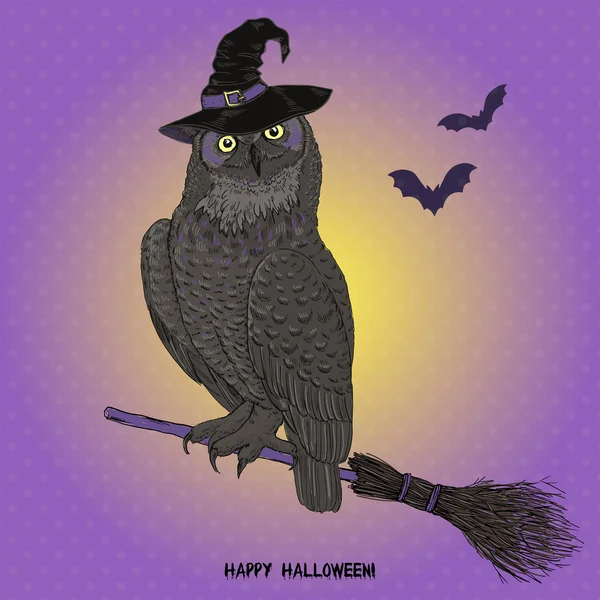 Halloween saudação design, coruja com vassoura —  Vetores de Stock