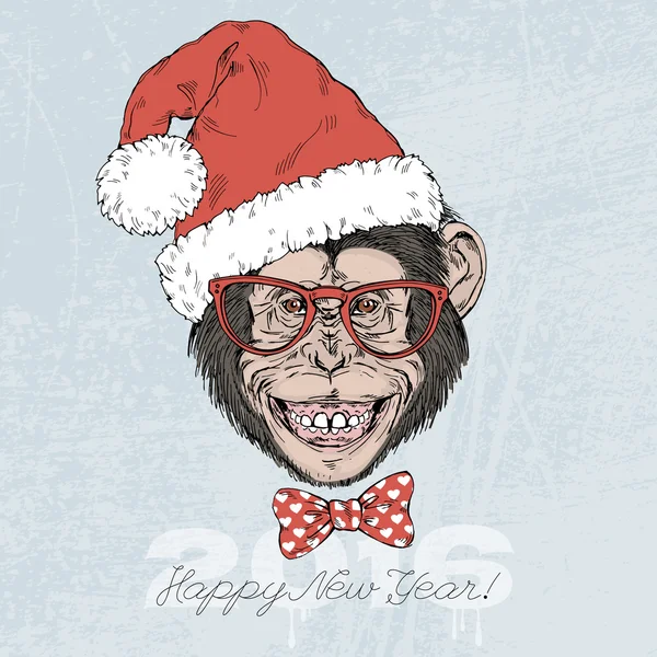 Mono chimpancé sonriente en sombrero de santa — Vector de stock