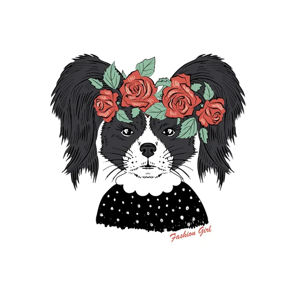 Hipster perrito con corona de rosas — Vector de stock