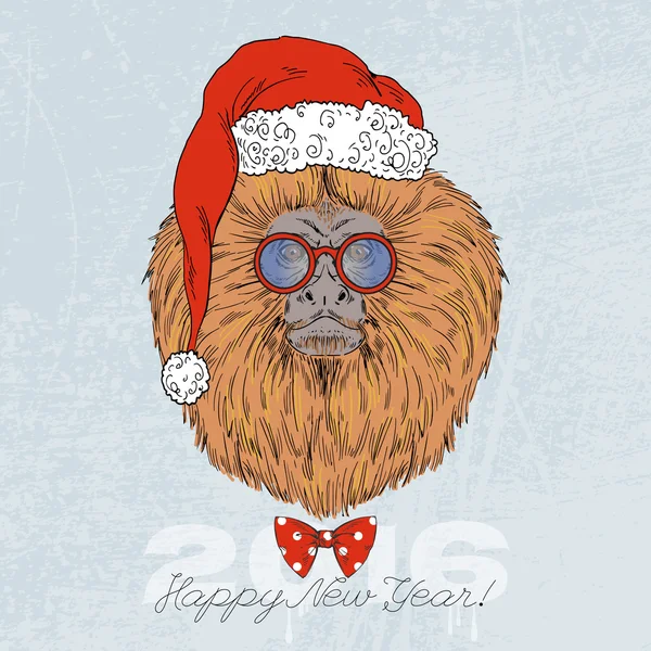 Monkey porträtt i glas och santa hatt — Stock vektor