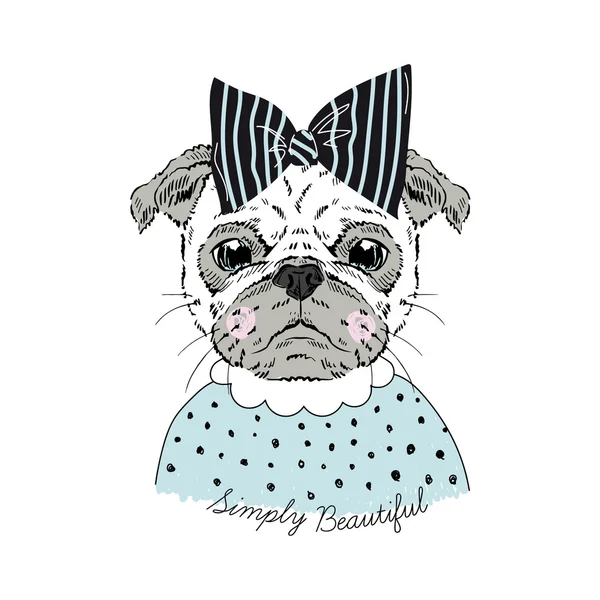 Pug doggy with black bow — Stock Vector