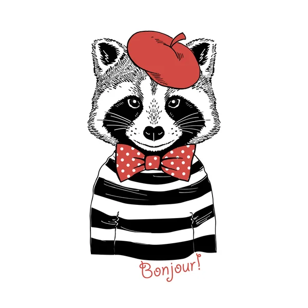 Raccoon in red beret — Stock Vector