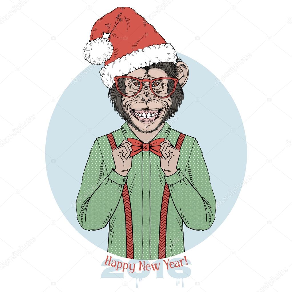 smiling chimpanzee in santa hat