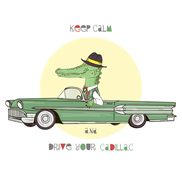 Crocodile conduite voiture vintage — Image vectorielle