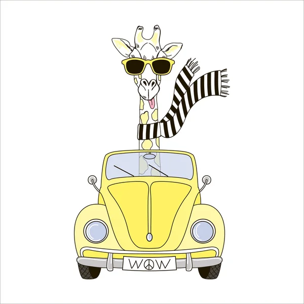 Giraffe drijvende gele retro auto — Stockvector