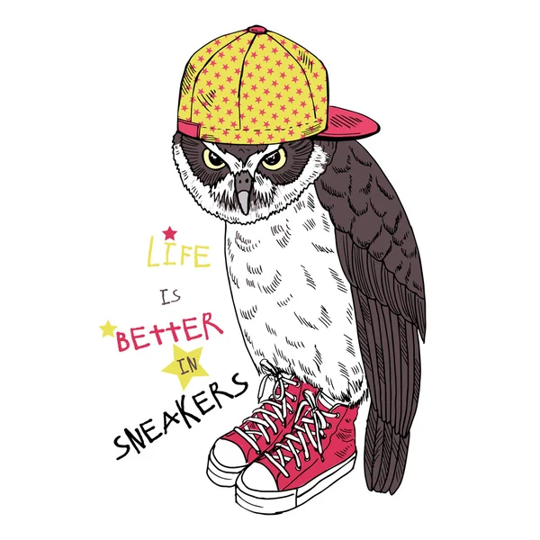 Owl dressed up in sneakers and cap — Stock Vector