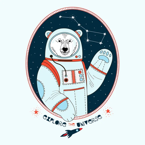 Polar bear astronaut in outer space — Stock Vector