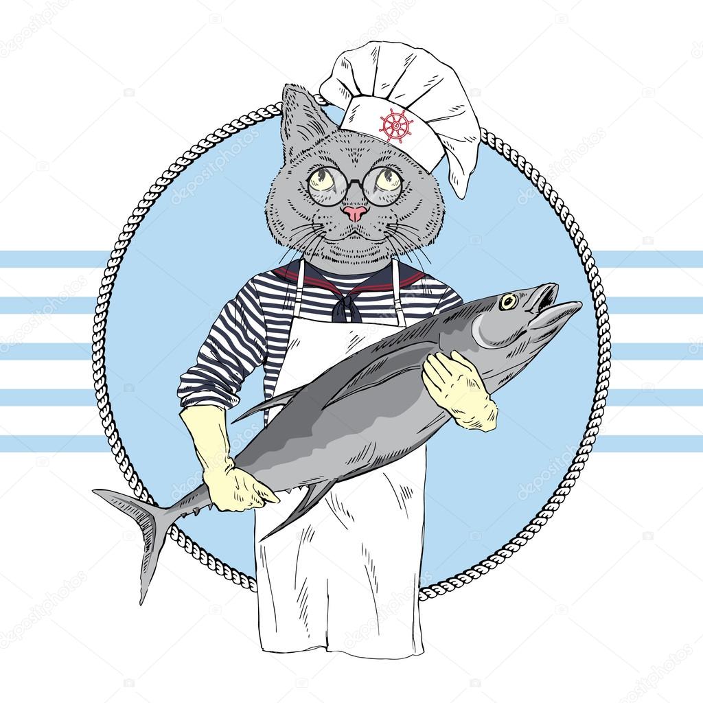 cat ship cook with big fish,