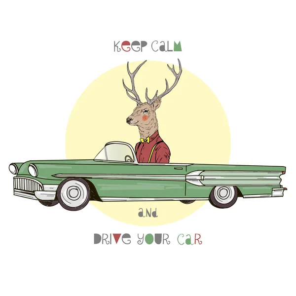 Cerf hipster conduite voiture vintage — Image vectorielle