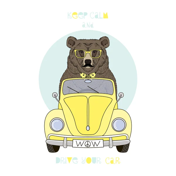 Bear driving yellow retro car — Stock Vector