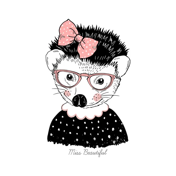 Hedgehog cute girl hipster portrait — Διανυσματικό Αρχείο