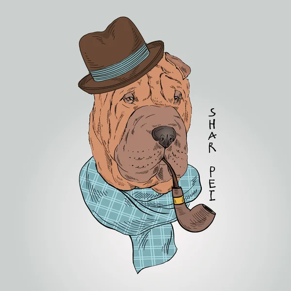 Shar pei dog with tobacco tube - Stok Vektor