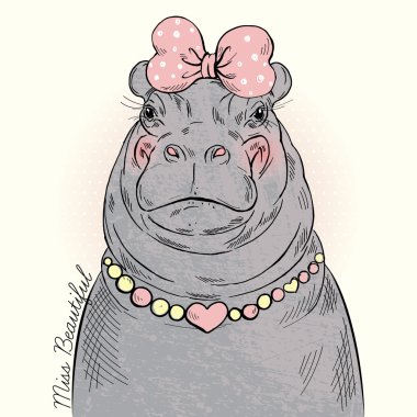 Hippo girl with bow and necklace clipart