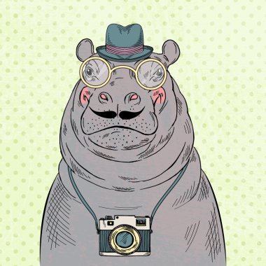Su aygırı hipster çocuk ile fotoğraf makinesi