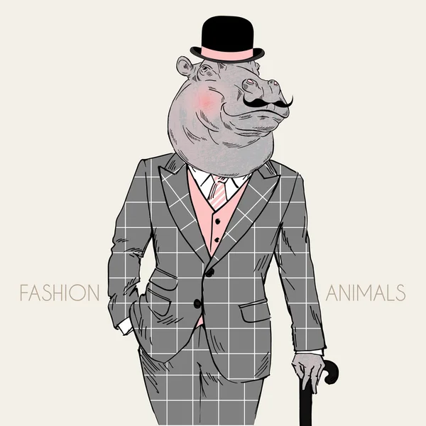 Hippo homme en tweed costume avec bâton — Image vectorielle