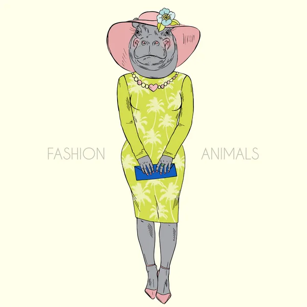 Hippo girl in stylish dress — Stock Vector