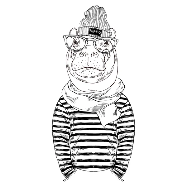 Hippo hipster en vestido y bufanda — Archivo Imágenes Vectoriales