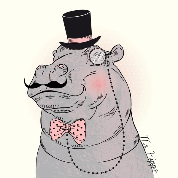 Hippo gentleman in tall hat — Stock Vector