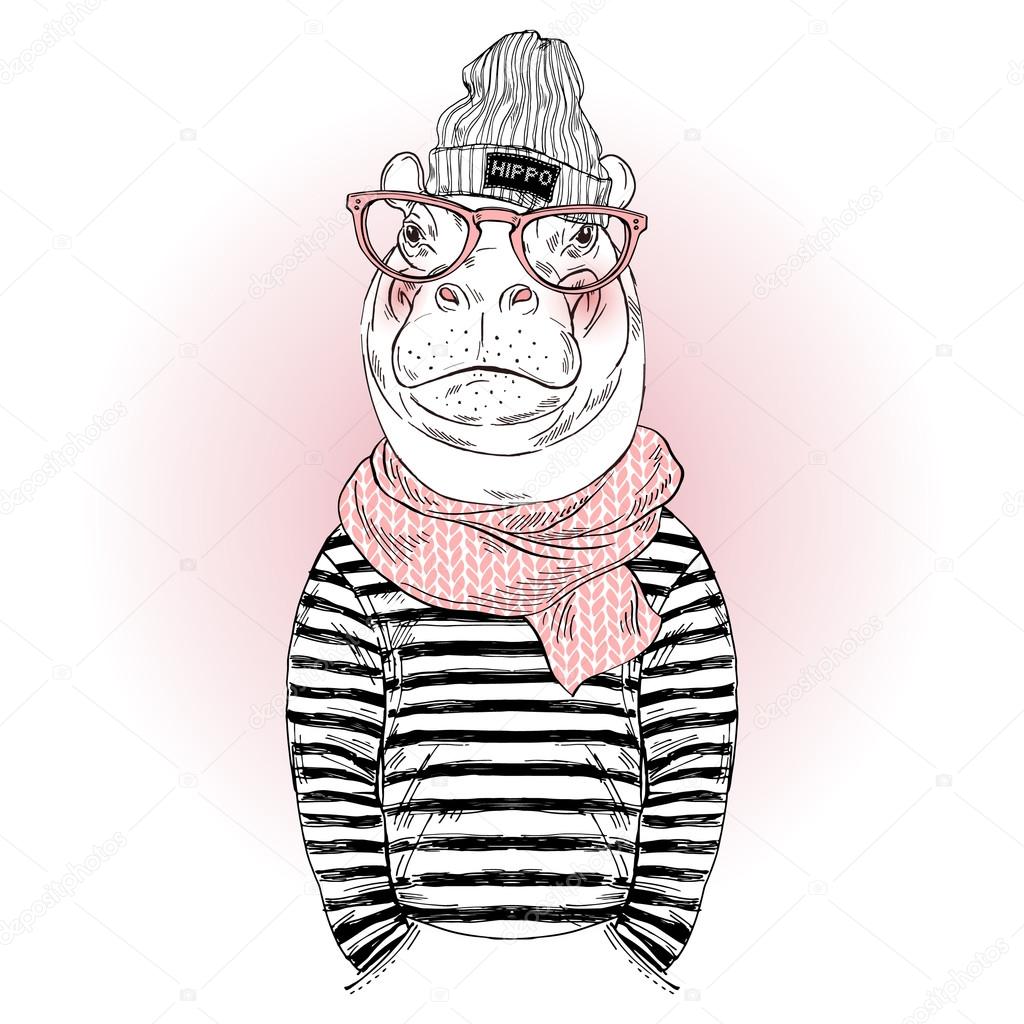 Hippo hipster in frock and scarf
