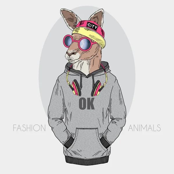 Kangaroo boy in urban style with headphones — Stock Vector