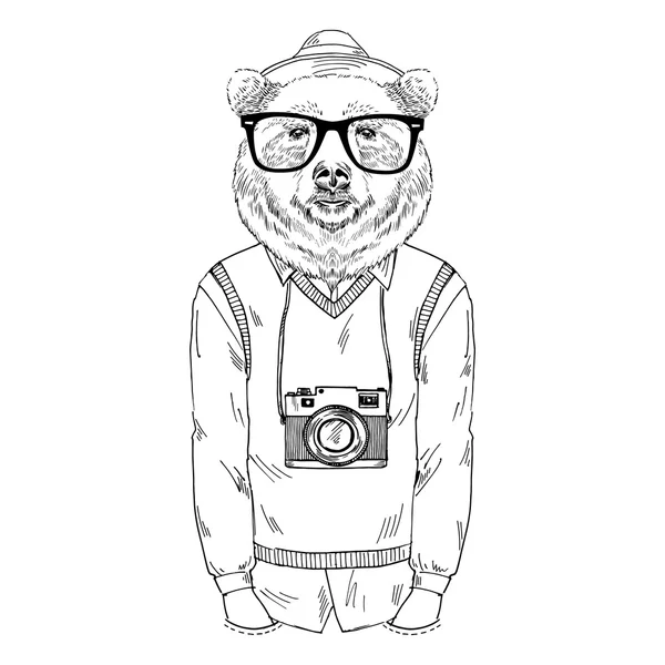 Orso hipster con fotocamera — Vettoriale Stock