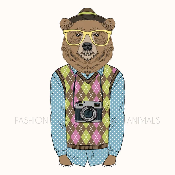 Oso hipster con cámara — Archivo Imágenes Vectoriales