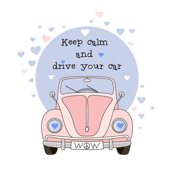 Lettering and funny pink car — Stock Vector