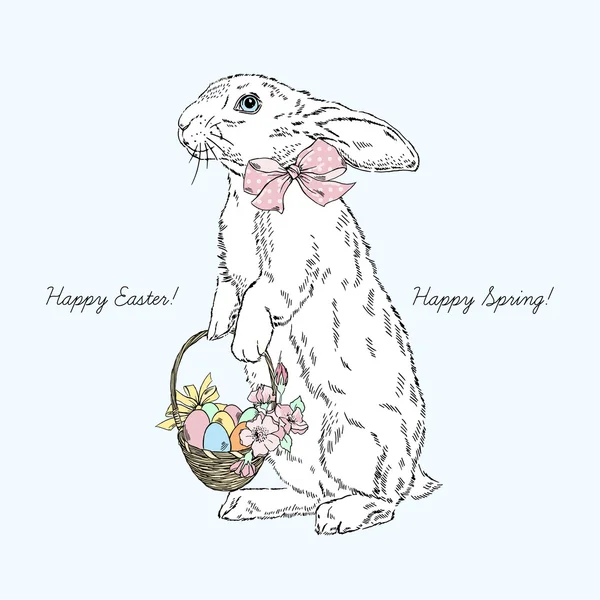 Coniglietto bianco con cesto di Pasqua — Vettoriale Stock