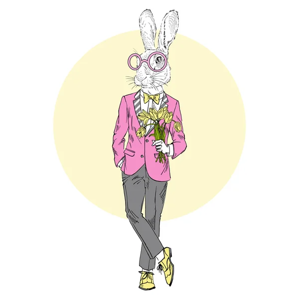 Coniglietto gentiluomo con fiori — Vettoriale Stock