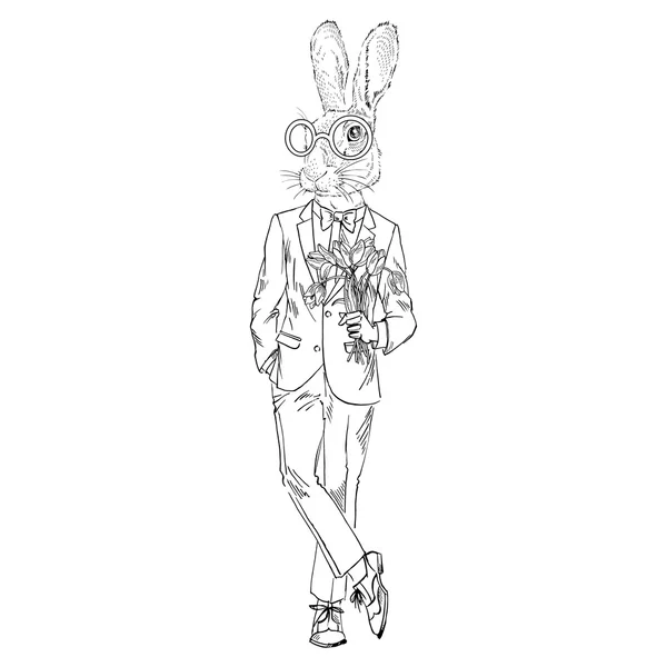 Lapin gentleman avec des fleurs — Image vectorielle