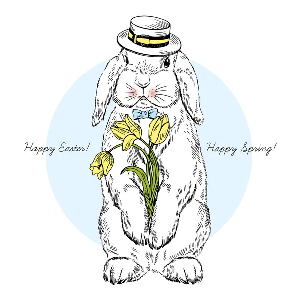 Happy Easter bunny met tulpen — Stockvector