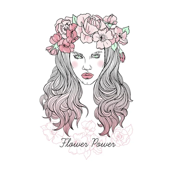 Mujer joven en corona de flores — Vector de stock