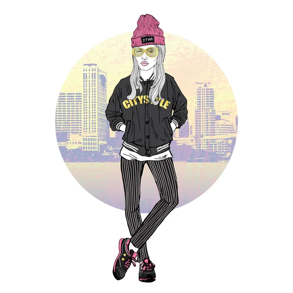 Chica vestida con estilo urbano — Vector de stock