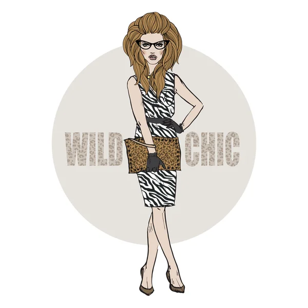 Kvinna klädd i chic stil, lady vilda, mode illustration — Stock vektor