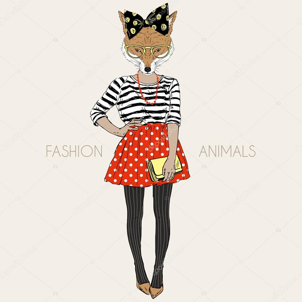 fox hipster girl, fashion animal illustration