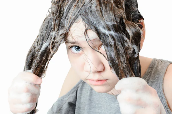 Girl Spreads Her Soapy Hair Bathroom White Background — Stock Photo, Image