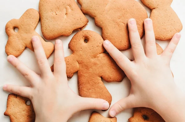 Χέρια Του Παιδιού Στο Μπισκότο Γλυκά Παράδοση Της Παραγωγής Μπισκότων — Φωτογραφία Αρχείου