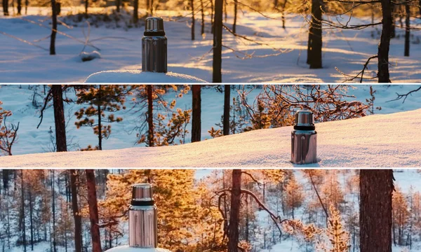 Collage of thermos in the winter forest. Winter tourism and travel concept