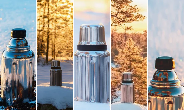Collage of thermos in the winter forest. Winter tourism and travel concept