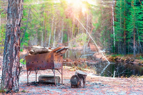 Kebap ve ormanda piknik için yakacak odunu olan paslı mangal.