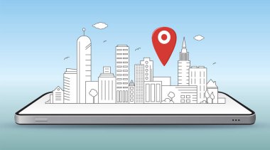 Akıllı Şehir ve Mobil Navigasyon Konsept Vektör İllüstrasyonu. Çizgi sanatı şehir çizimi pin haritası simgesi ile akıllı telefona uzan.