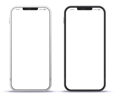 Cep Telefonu Siyah ve Gümüş Renkli Tasarım Konsepti. Çerçevesiz Beyaz Ekranlı Vektör Akıllı Telefon Mockup. Şeffaf Arkaplanda İzole Edildi. 