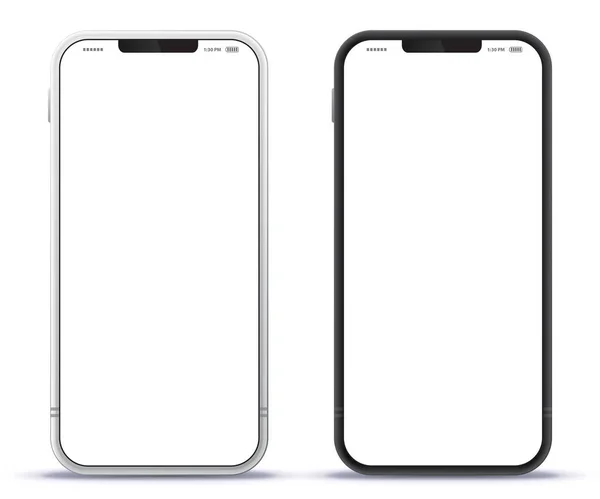 Cep Telefonu Siyah ve Gümüş Renkli Tasarım Konsepti. Çerçevesiz Beyaz Ekranlı Vektör Akıllı Telefon Mockup. Şeffaf Arkaplanda İzole Edildi. 