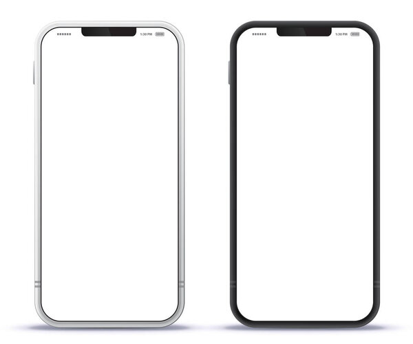 Mobile Phone Black and Silver Colored Design Concept. Vector Smartphone Mockup With Frameless White Screen. Isolated on Transparent Background. 